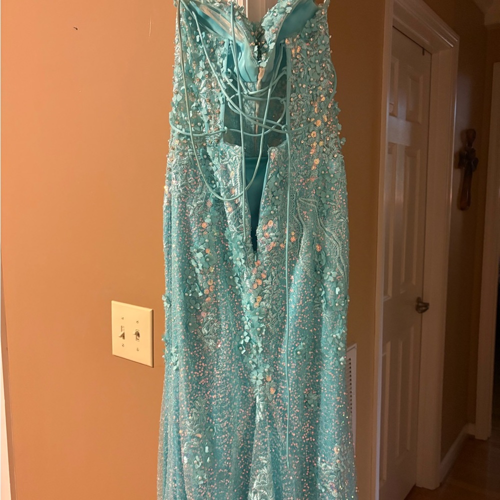 Rachel Allan Blue Sequin Gown with Slit for Prom - Picture 3 of 3